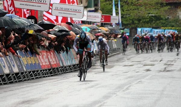 Tour de France champion Alberto Contador (Astana) leads in the run to the finish line.