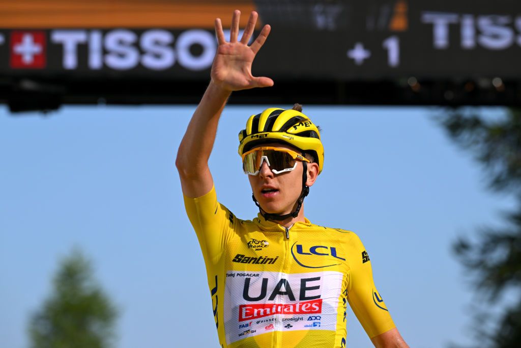 COL DE LA COUILLOLE FRANCE JULY 20 Tadej Pogacar of Slovenia and UAE Team Emirates Yellow Leader Jersey celebrates at finish line as stage winner during the 111th Tour de France 2024 Stage 20 a 1328km stage from Nice to Col de la Couillole 1676m UCIWT on July 20 2024 in Col de la Couillole France Photo by Tim de WaeleGetty Images