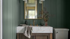 bathroom with green painted wall panelling and marble basin
