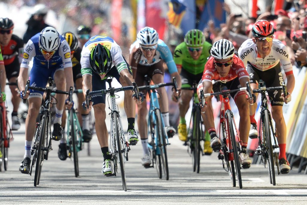 Alejandro Valverde crossed the line just half a bike length ahead of Jarlinson Pantano in the Volta a Catalunya's final stage