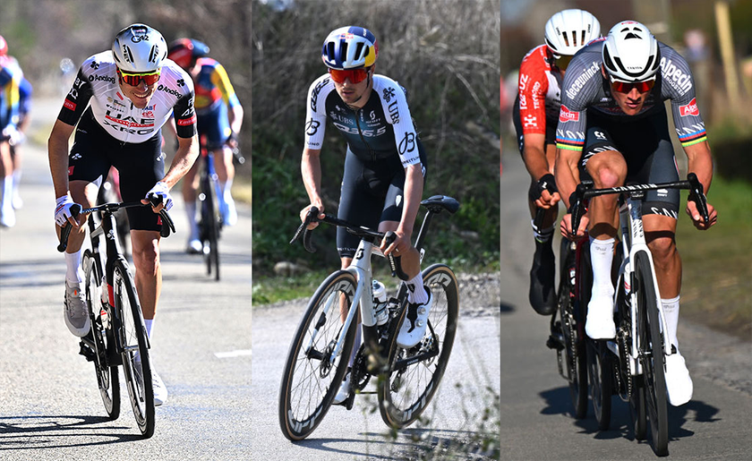 A collage of images of Juan Ayuso, Tom Pidcock and Mathieu van der Poel riding during races