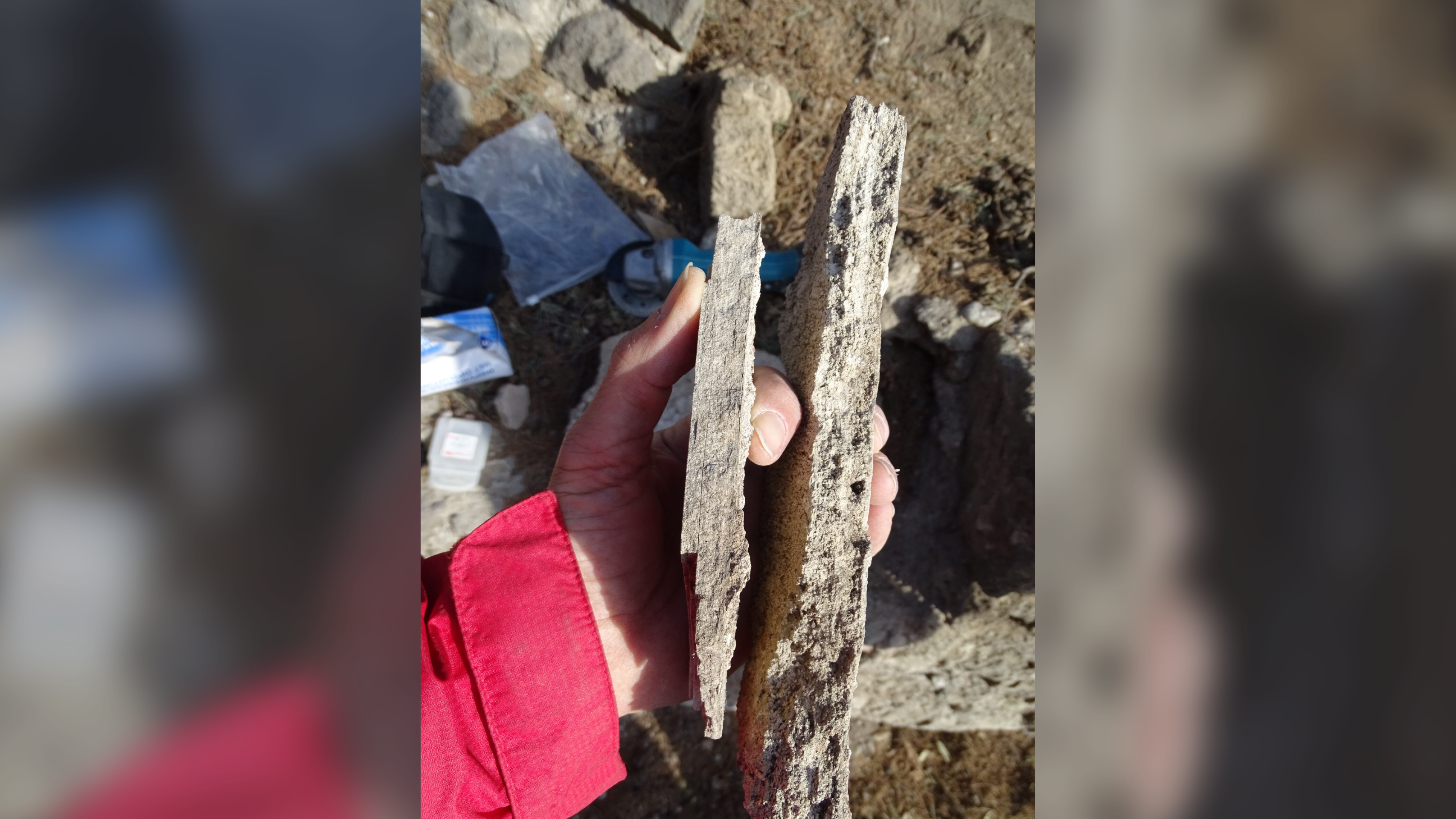 a person holds two chunks of calcium carbonate in their left hand