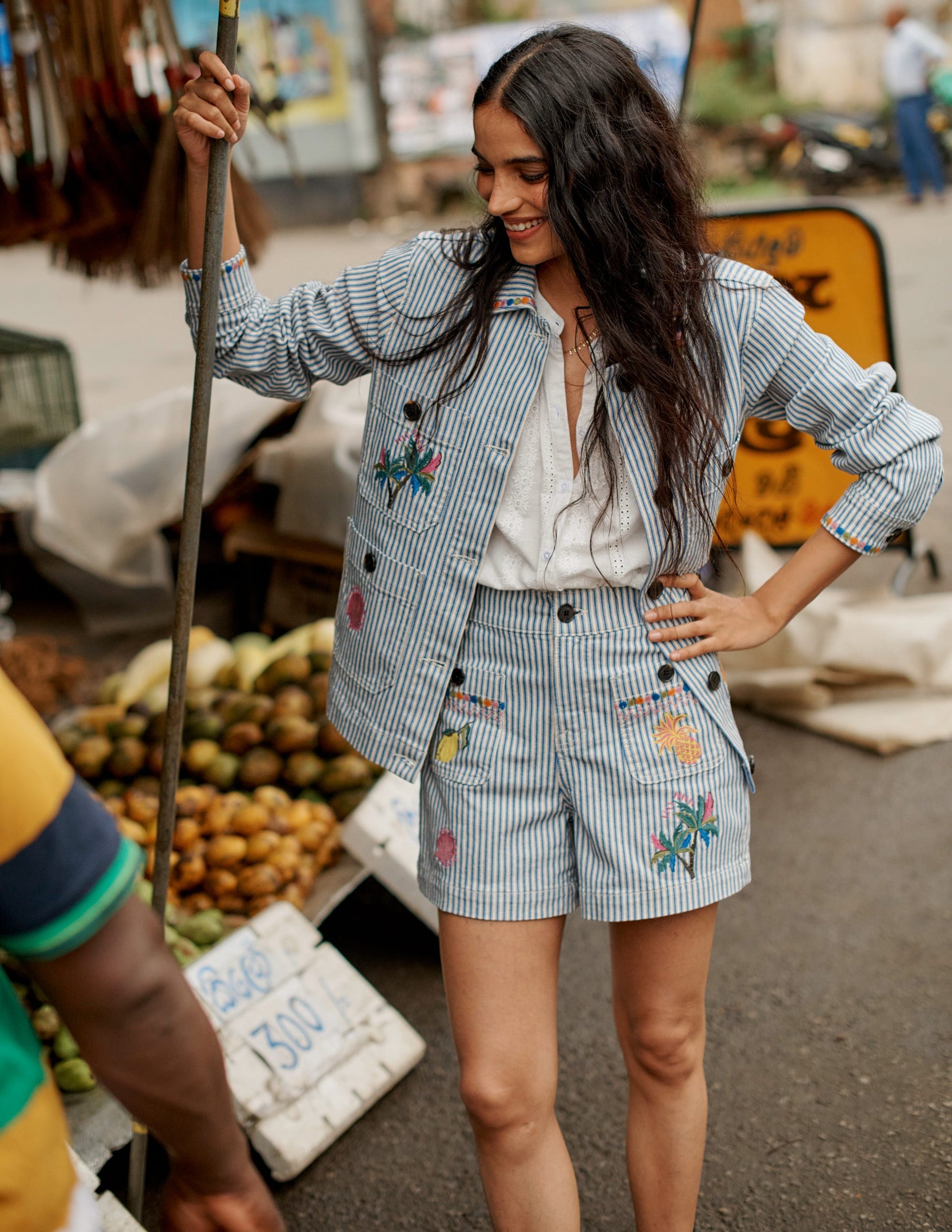 Pocket Front Denim Shorts-Ticking Stripe Embroidery