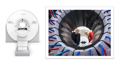 Left: Image of a medical imaging (NX PET) device Right: Two scientists looking through the medical imaging decive 