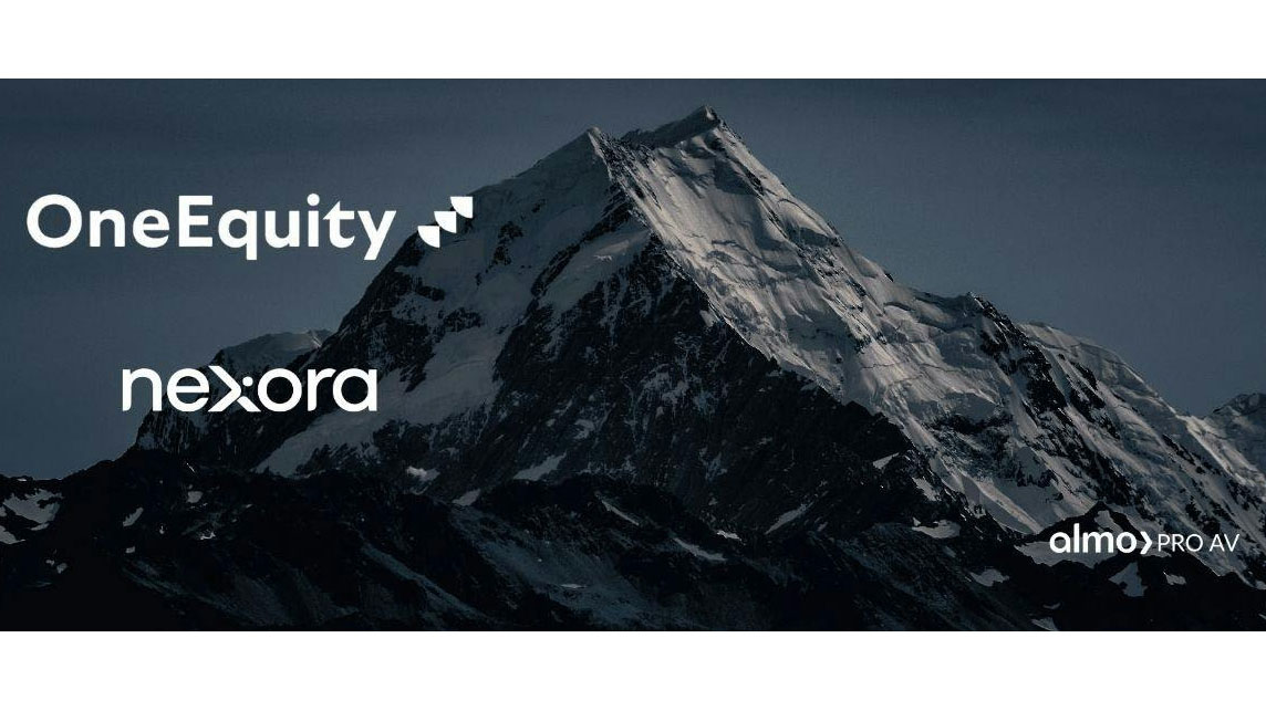 A mountain with the OneEquity, nexora, and Almo Pro AV logos.