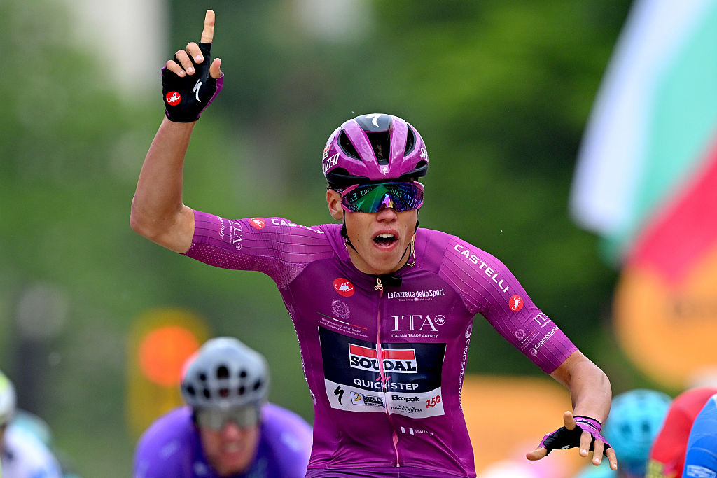 Paul Magnier (Soudal Quick-Step) celebrates winning stage 3 of the 2026 Giro d'Italia between Plovdiv to Sofia. (Photo by Tim de Waele/Getty Images)