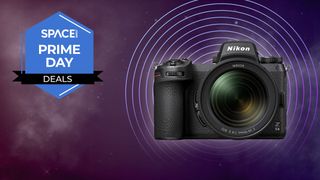 A Nikon Z6 II camera with Nikkor Z 24-70mm f/4 zoom lens attached on a purple Space.com background with a Space.com Prime Day deals badge on the left.