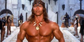 Arnold Schwarzenegger shirtless in Conan the Barbarian movie