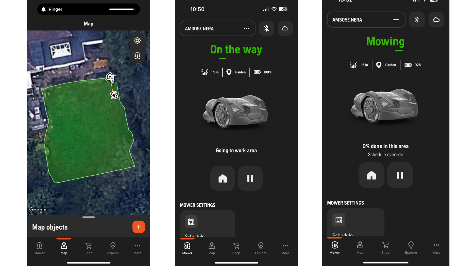 Screenshots from Husqvarna Automower app