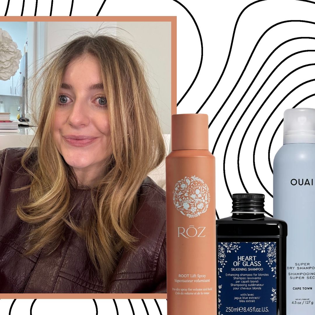 samantha holender on a graphic background surrounded by hair products