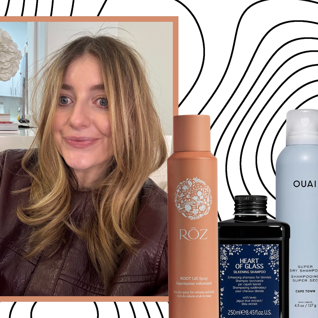samantha holender on a graphic background surrounded by hair products