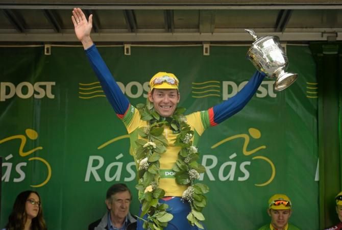 The winner of the 2013 An Post Ras, Marcin Bialoblocki (UK Youth Pro Cycling) on the podium for the final time