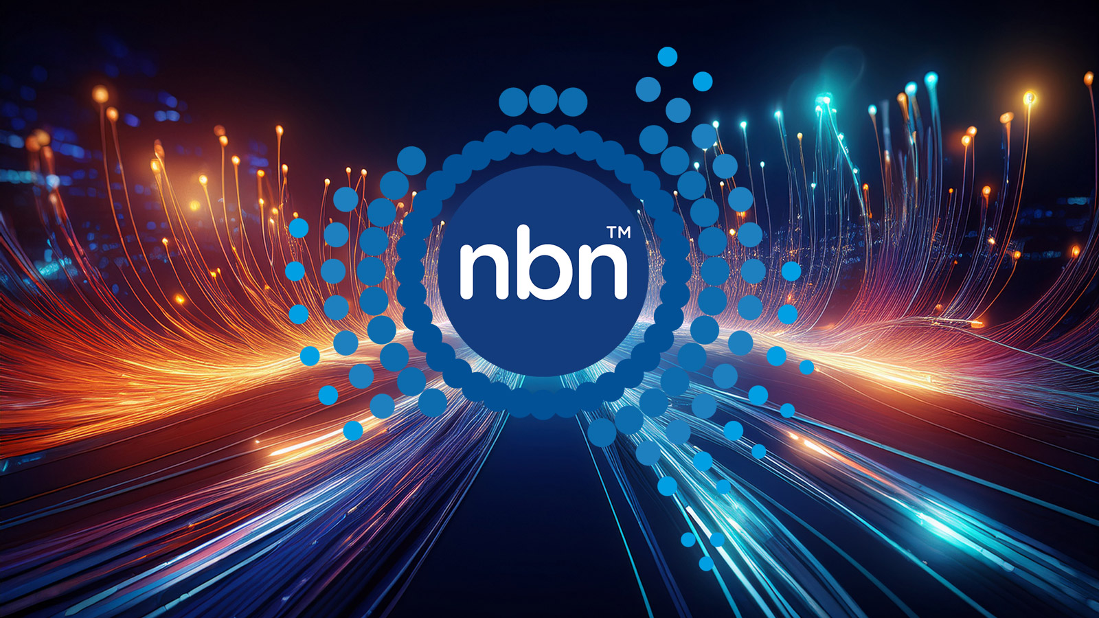 NBN logo on an AI-generated image of conceptual fiber optic cabling.