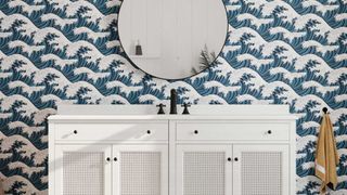 wave patterned bathroom wallpaper with white vanity unit