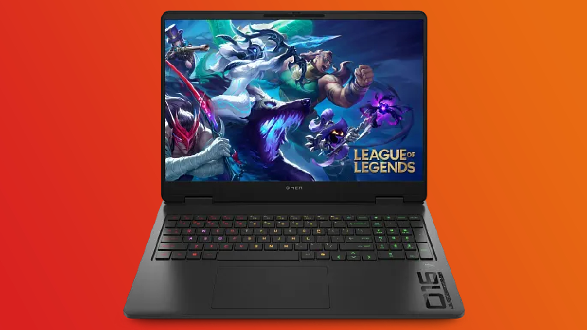 An HP Omen 16 gaming laptop on an orange and red gradient background