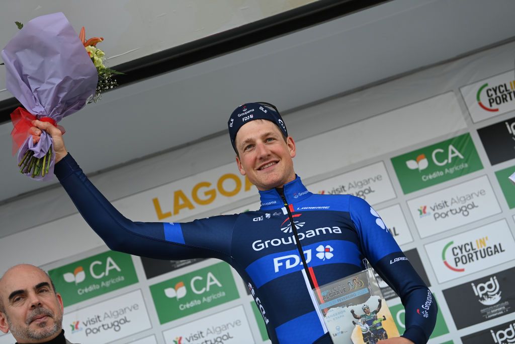LAGOAPRAIA DO CARVOEIRO ALGARVE PORTUGAL FEBRUARY 19 Stefan Kung of Switzerland and Team Groupama FDJ celebrates at podium as stage winner during the 49th Volta ao Algarve em Bicicleta 2023 Stage 5 a 244km individual time trial stage from Lagoa to Lagoa VAlgarve2023 on February 19 2023 in Lagoa Algarve Portugal Photo by Tim de WaeleGetty Images