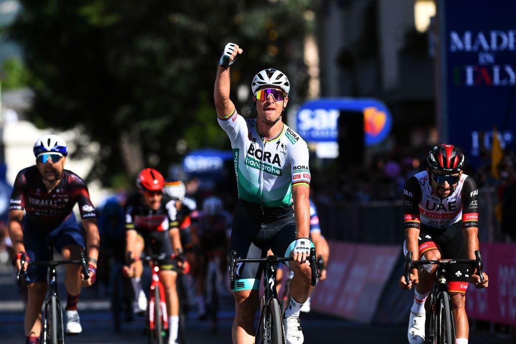 FOLIGNO ITALY MAY 17 Peter Sagan of Slovakia and Team Bora Hansgrohe stage winner celebrates at arrival Fernando Gaviria Rendon of Colombia and UAE Team Emirates Davide Cimolai of Italy and Team Israel StartUp Nation during the 104th Giro dItalia 2021 Stage 10 a 139km stage from LAquila to Foligno girodiitalia Giro on May 17 2021 in Foligno Italy Photo by Tim de WaeleGetty Images