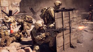 Battlefield 6 community map remakes: Several soldiers firing from behind a barricade.