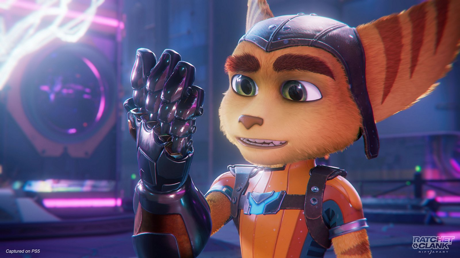 Ratchet from the Ratchet and Clank games stares at his glove quizically