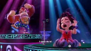 Donkey Kong Bananza DK angry at Pauline who won't sing, saying "I can't do it!"