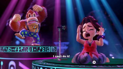Donkey Kong Bananza DK angry at Pauline who won't sing, saying "I can't do it!"