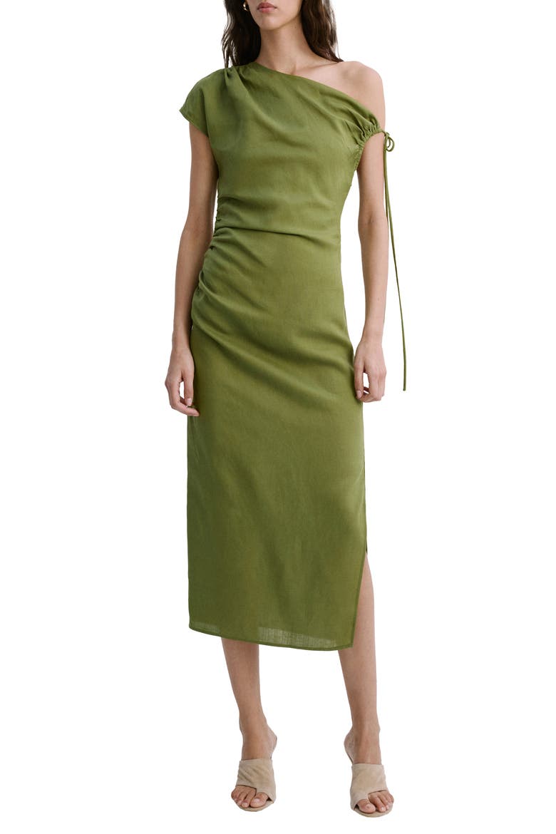 Side Ruched One-Shoulder Midi Dress
