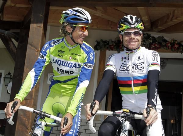 Franco Pellizotti, winner of the 2008 Plan de Corones TT, and Cadel Evans (BMC), the world champion.