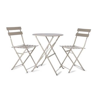 Light grey bistro table and chairs set.