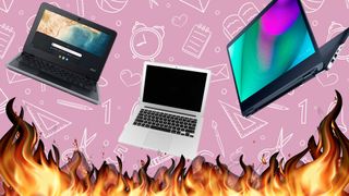 A trio of laptops being thrown into a back-to-school fire