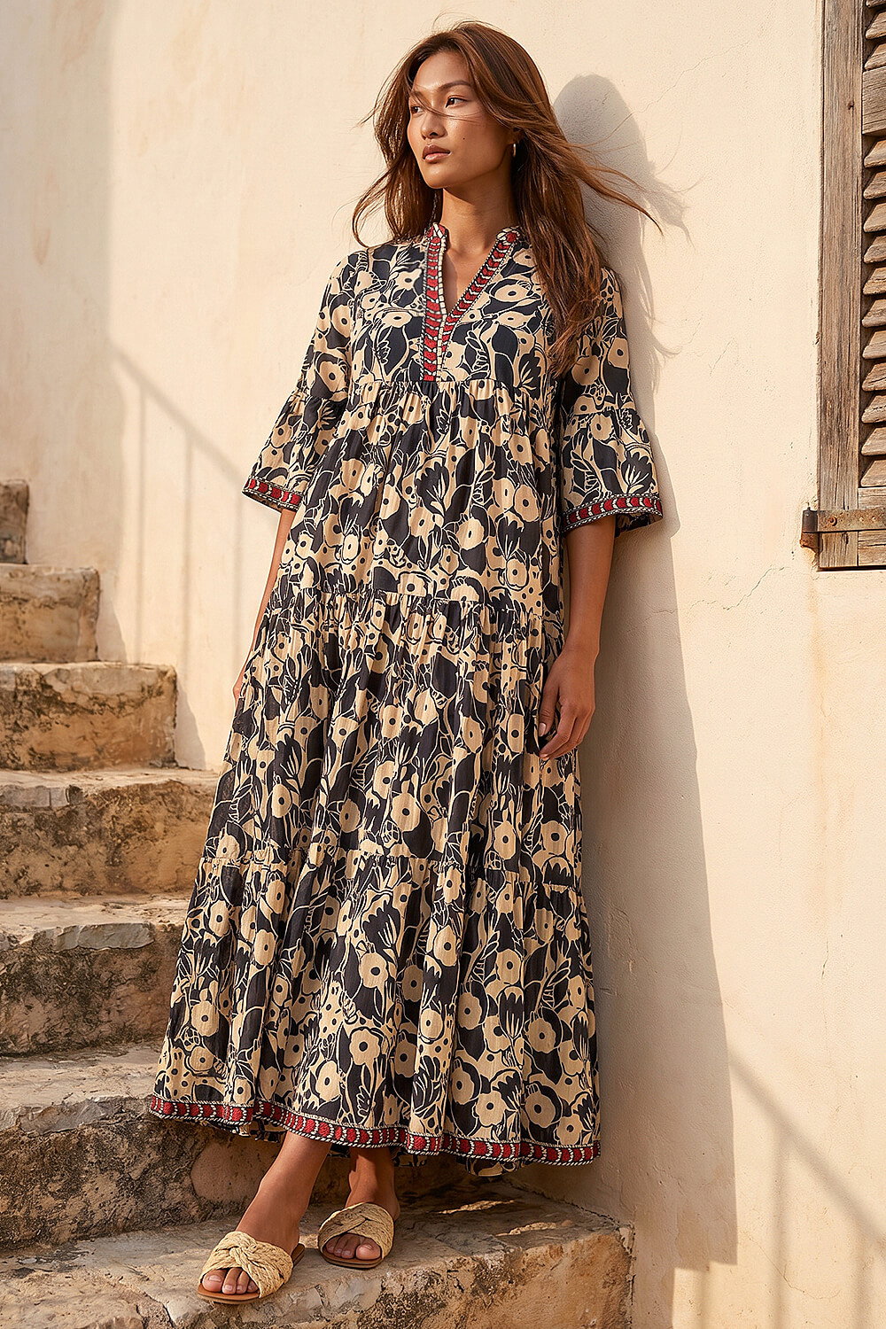 Floral Print Border Maxi Dress