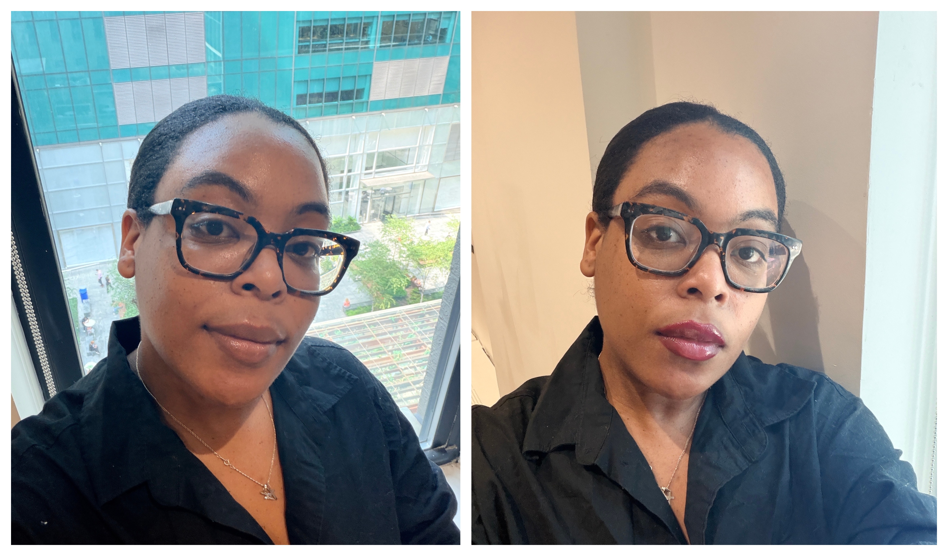 Ariel Wilson before and after using the Danessa Myricks glosswork lipgloss.