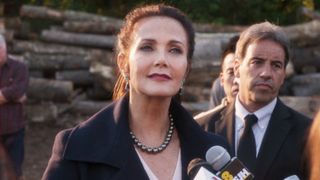 Governor Jessman (Lynda Carter) addresses the media in Super Troopers 2.