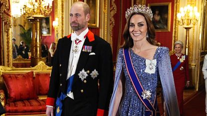 William, Prince of Wales and Catherine, Princess of Wales arrive ahead the state banquet for the German President Frank-Walter Steinmeier in December, 2025