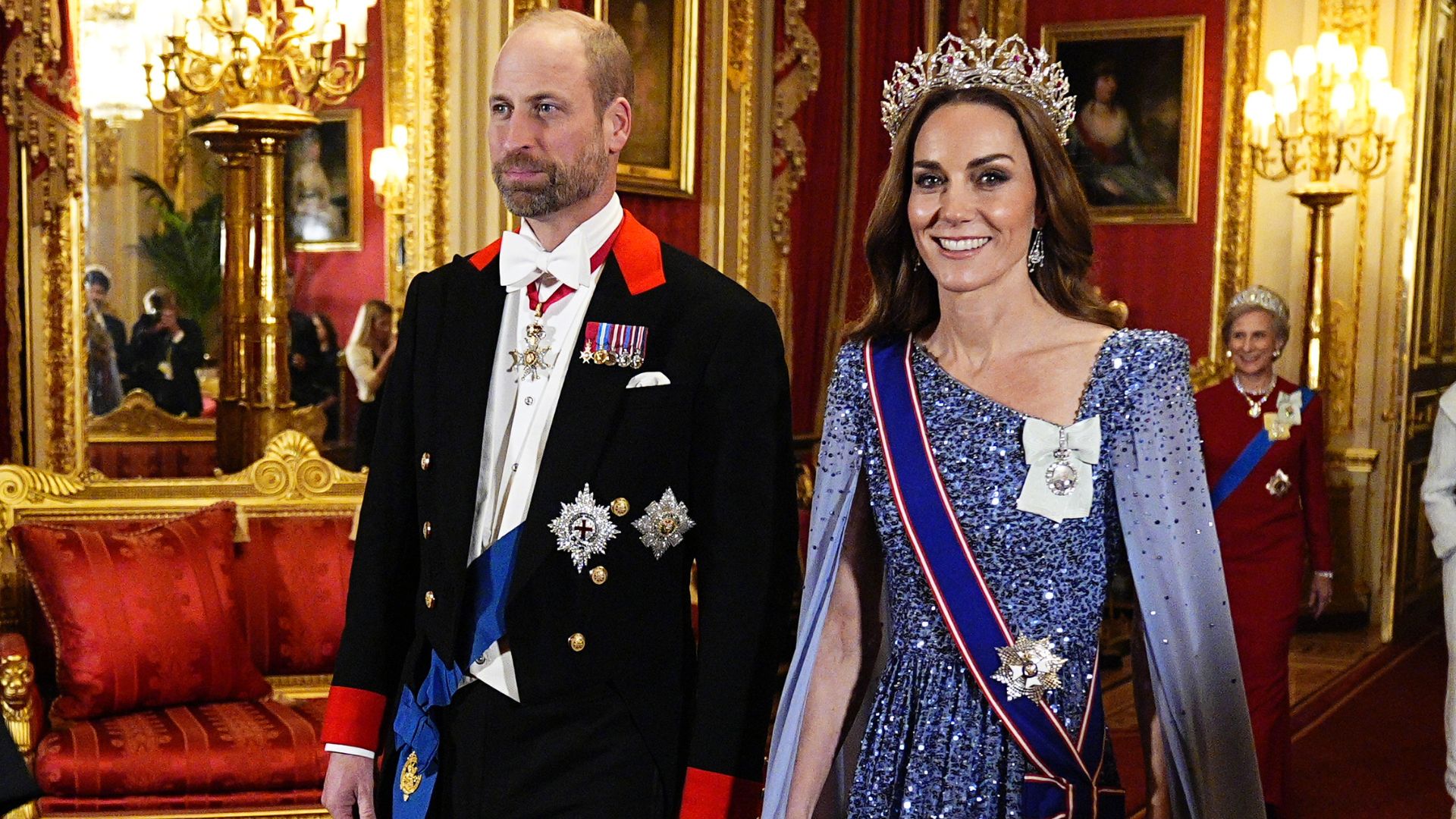 William, Prince of Wales and Catherine, Princess of Wales arrive ahead the state banquet for the German President Frank-Walter Steinmeier in December, 2025