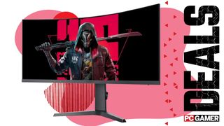 Koorui 34E6UC gaming monitor on a pink deals background