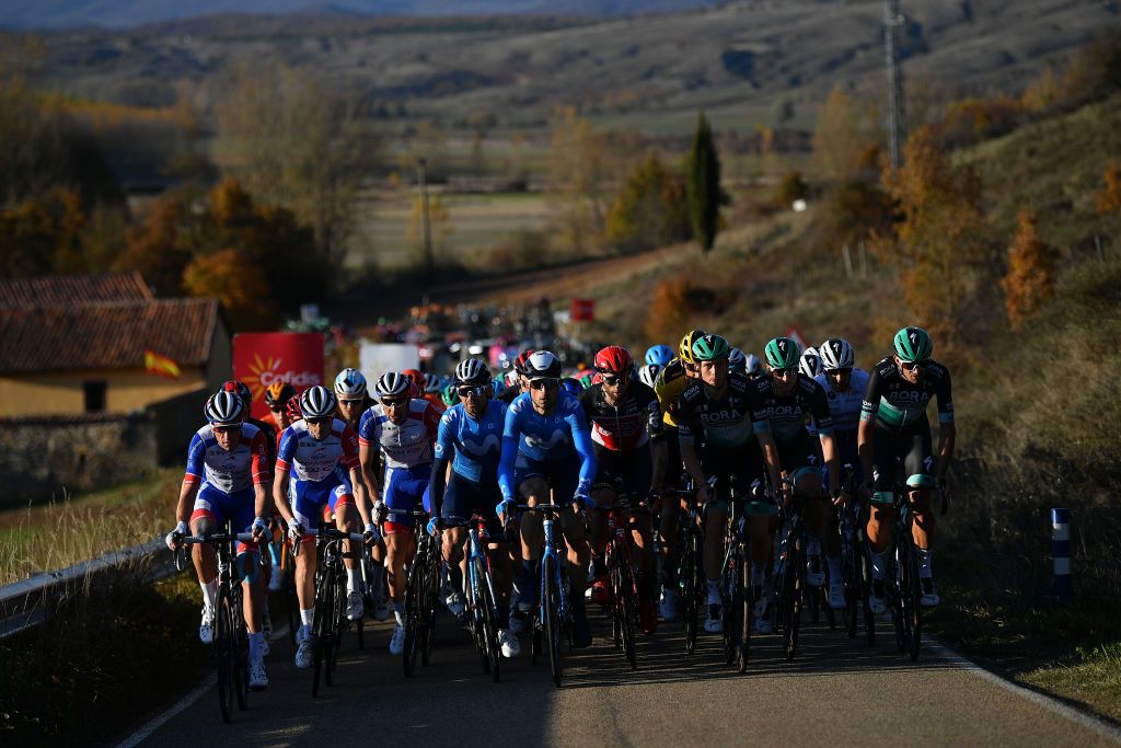 AGUILAR DE CAMPOO SPAIN OCTOBER 29 David Gaudu of France and Team Groupama FDJ Matthieu Ladagnous of France and Team Groupama FDJ Jose Joaquin Rojas Gil of Spain and Movistar Team Imanol Erviti of Spain and Movistar Team Tomasz Marczynski of Poland and Team Lotto Soudal Ide Schelling of The Netherlands and Team BORA Hansgrohe Michael Schwarzmann of Germany and Team BORA Hansgrohe Peloton during the 75th Tour of Spain 2020 Stage 9 a 1577km stage from Cid Campeador Military Base Castrillo del Val to Aguilar de Campoo lavuelta LaVuelta20 on October 29 2020 in Aguilar de Campoo Spain Photo by Justin SetterfieldGetty Images