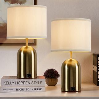Cream lampshade, metallic, gold base