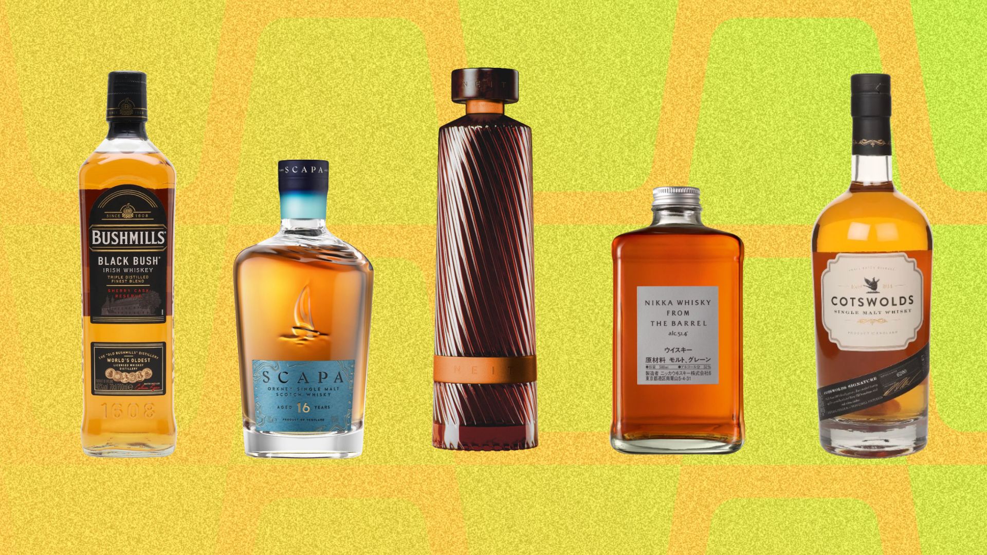 an image of five whisky bottles - Bushmills Black Bush, Scapa 16, NEIT, Nikka, and Cotswolds - against a yellow patterned background