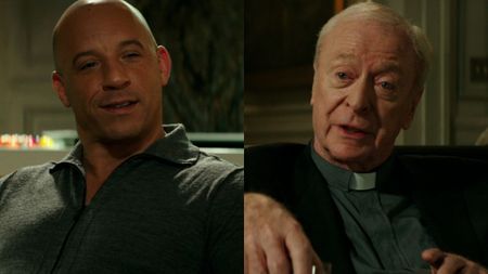 Vin Diesel pictured smiling in The Last Witch Hunter, next to Michael Caine shown gesturing in conversation.