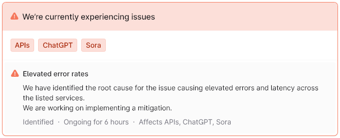 OpenAI warning of system outages for June 10, 2025, at 8:44 a.m. ET