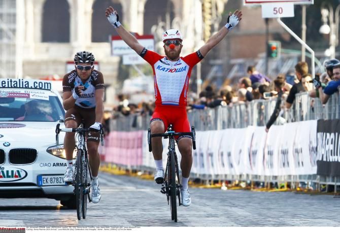 Luca Paolini (Team Katusha) celebrates coming over the line in 52 place