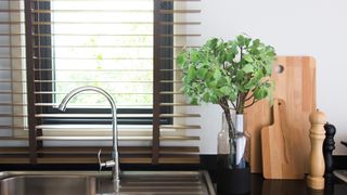 kitchen sink and window with wooden window blinds