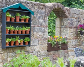 stone wall with window shelves and hanging basket