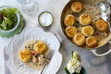 Spring onion scones with chicken fricasee.