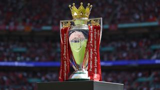 The Premier League trophy on display before the 2025 FA Community Shield match between Crystal Palace and Liverpool at Wembley Stadium on August 10, 2025 in London, England.