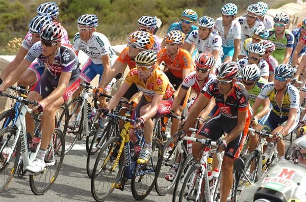 Cadel Evans (Silence-Lotto) sits safely at the front of the bunch on one of the ascents of the Puerto de la Carrasqueta