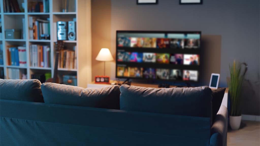 Video on demand menu on a smart TV screen, entertainment and movies concept