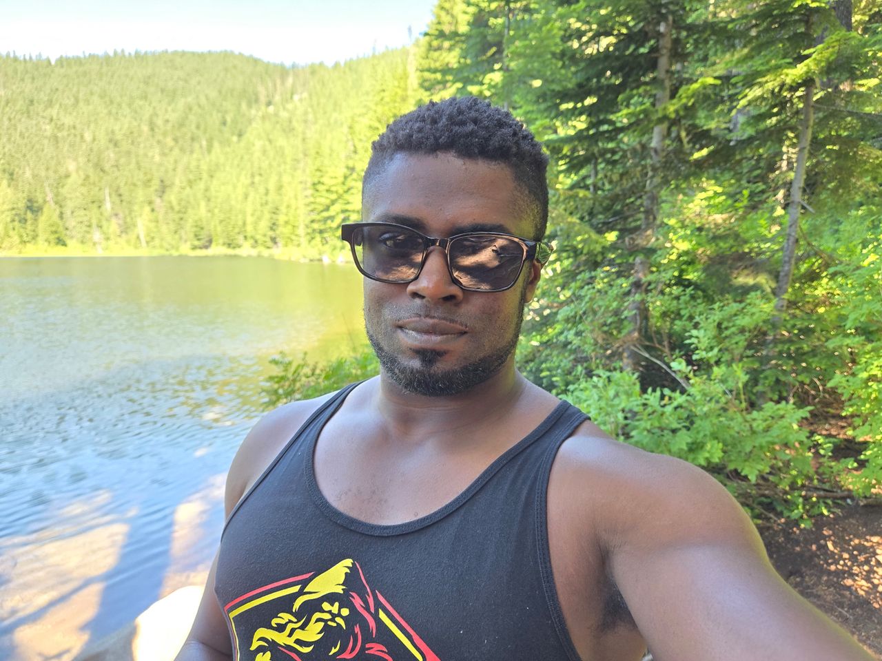 A selfie at a lake
