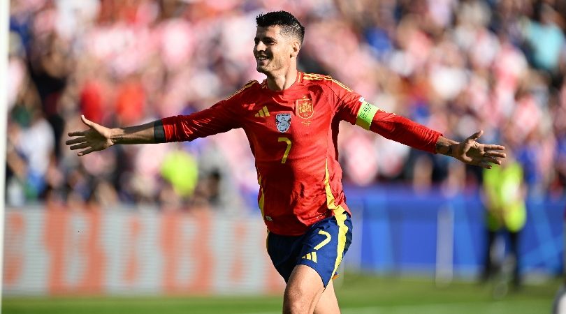 Alvaro Morata celebrates after scoring for Spain against Croatia at Euro 2024.