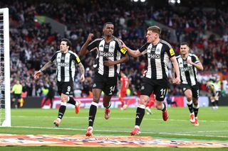 LONDON, ENGLAND - MARCH 16: Alexander Isak of Newcastle United celebrates scoring their 2nd goal during the Carabao Cup Final between Liverpool and Newcastle United at Wembley Stadium on March 16, 2025 in London, England. (Photo by Charlotte Wilson/Offside/Offside via Getty Images)